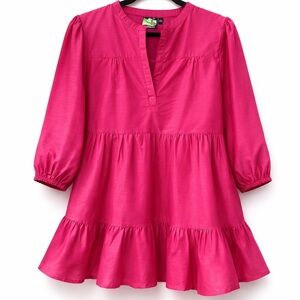 Madison Mathews Silk Dress Size L Pink Tiered Ruffle Boho Mini Shift Womens